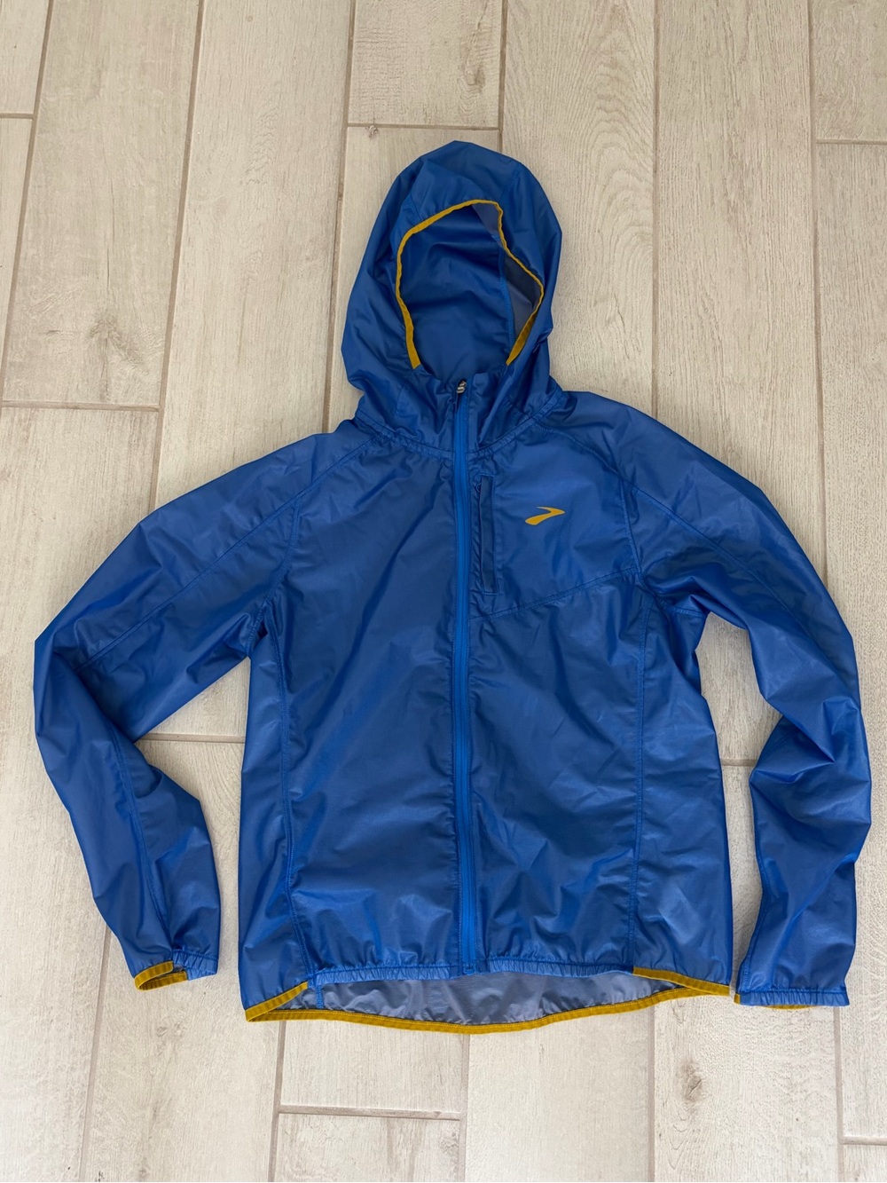 Brooks Blue Hooded Windbreaker Jacket with Yellow Trim